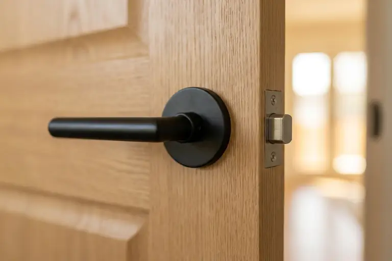 Detail van een deurkruk op rozet en een magneetslot in de sluitplaat van een binnendeur